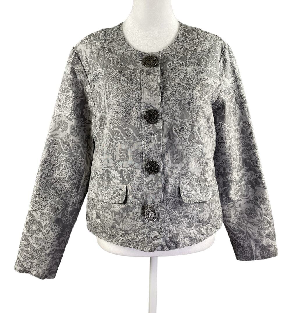 Chico's Jacket Sz 1 M Silk Blend Silver Grey Brocade Lined Long Sleeve Button Up